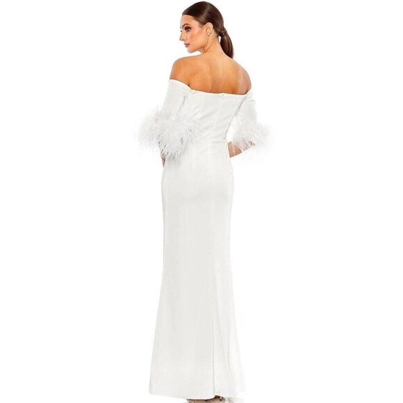 MAC DUGGAL Size 6 White 11441 Feather Off The Shoulder Gown Dress Wedding Bride - Picture 2 of 12